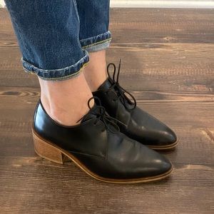 EVERLANE The Heeled Oxford Black Genuine Italian Leather Block Stacked Wooden